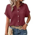 thumbnail image 4 of JFGHDG linen shirts for women Short Sleeve Cotton Linen Shirt linen button down shirt women workout tops for women women t shirt graphic Tops Batwing Sleeve Pocket Patched Shirt Work T Shirts L, 4 of 7