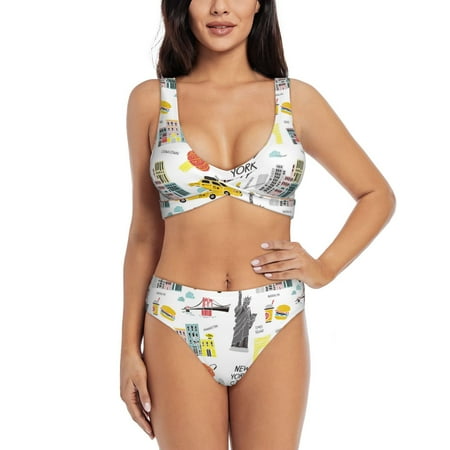 Zeuib New York High Waisted Tummy Control Bikini Set - Knot Front Push Up Top & Cheeky Thong Bottom  Two-Piece Swimsuit for Women-Large