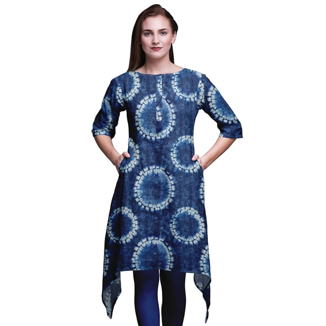 Bimba Kurti Asymétrique Imprimée Shibori Bleu Teinture sur Nœuds pour Femmes Robe d'Été Indienne Tunique Moyen
