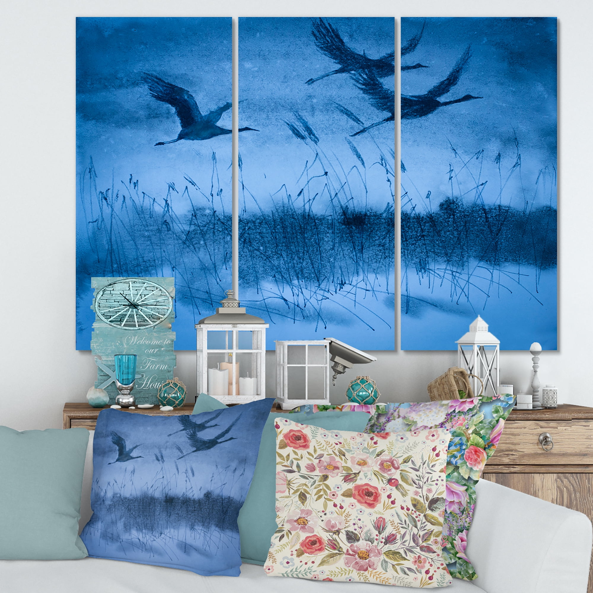 Designart ' Cranes In Flight During Blue Evening Light ' Traditional Canvas Wall Art Print