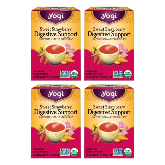 Yogi Tea - Sweet Strawberry Digestive Support - Organic Turmeric Tea Bags - 4 Boxes of 16