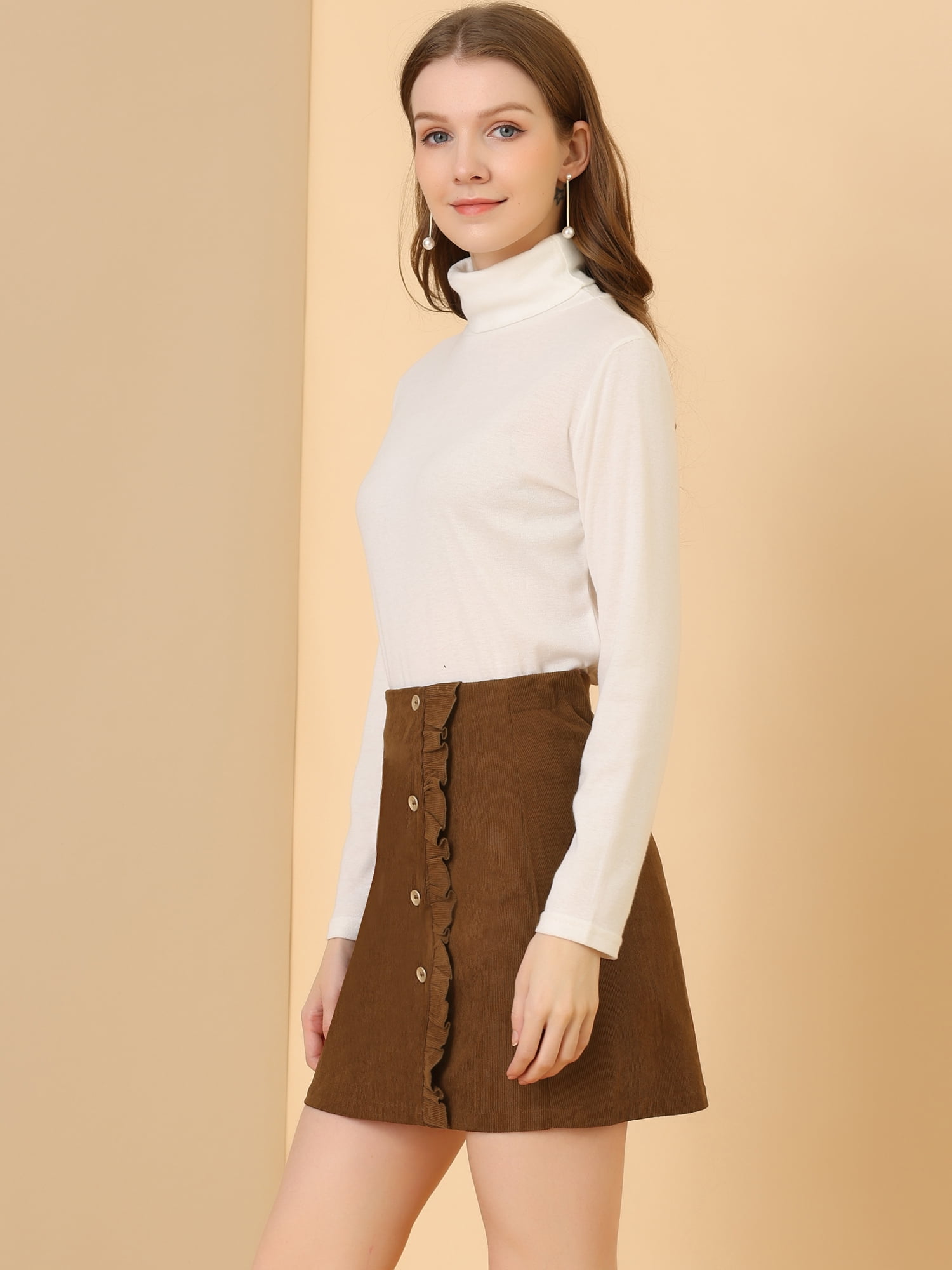 DARING DIVA Women's Button Decor Ruffled Trim Mini Skirt L Brown