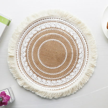 

SUNFEX Kitchen Place Mat Heat Insulation Linen Table Mat Lace Round Decorative Placemat