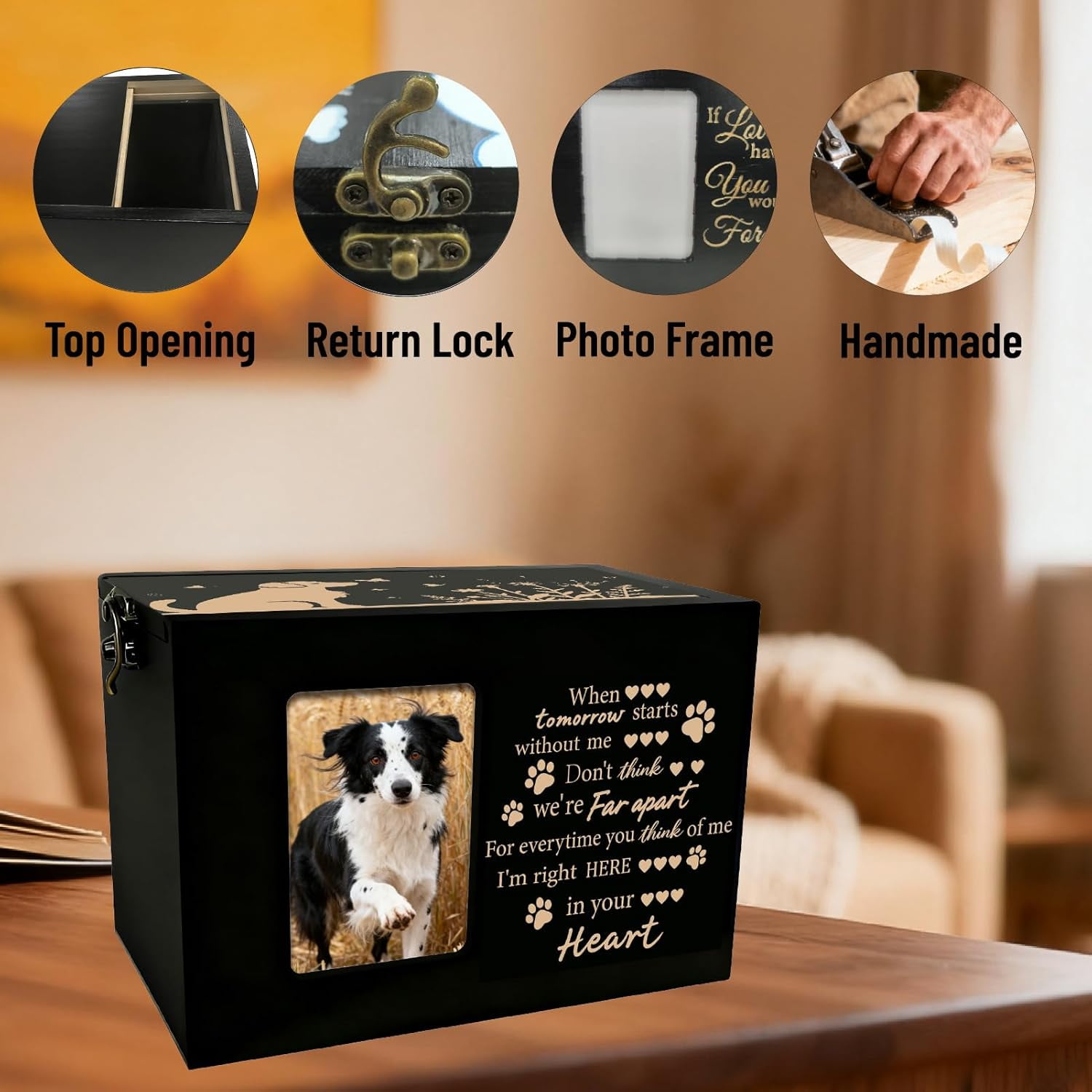 Dog Pet Urn Wooden Pet Memorial Box Dog Flower Butterfly Words Pattern Rectangle Storage Containers Cremation Box with oto Frame