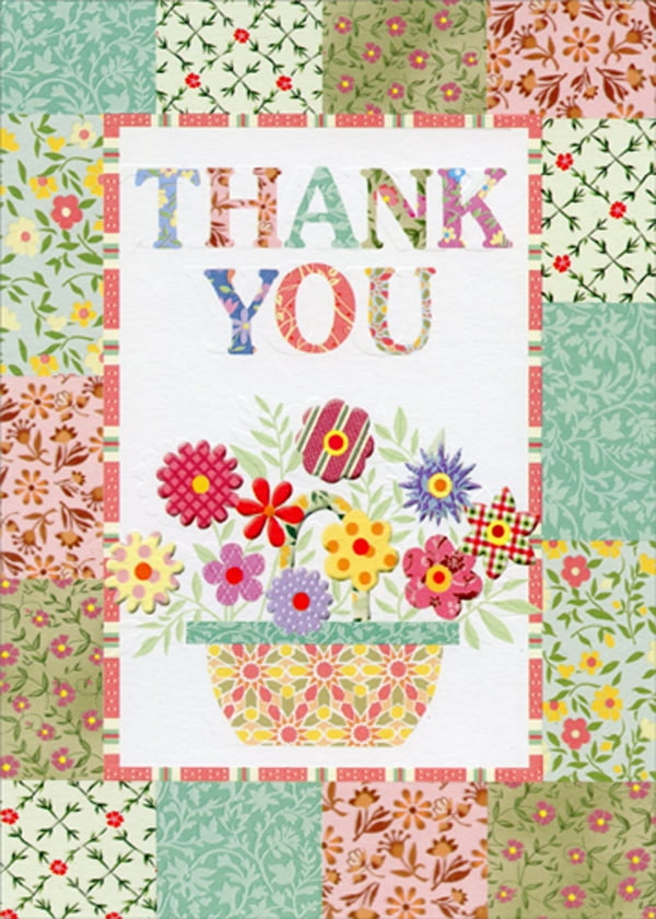Designer Greetings Patchwork Flowers in Basket with Floral Grid Border Thank You Card