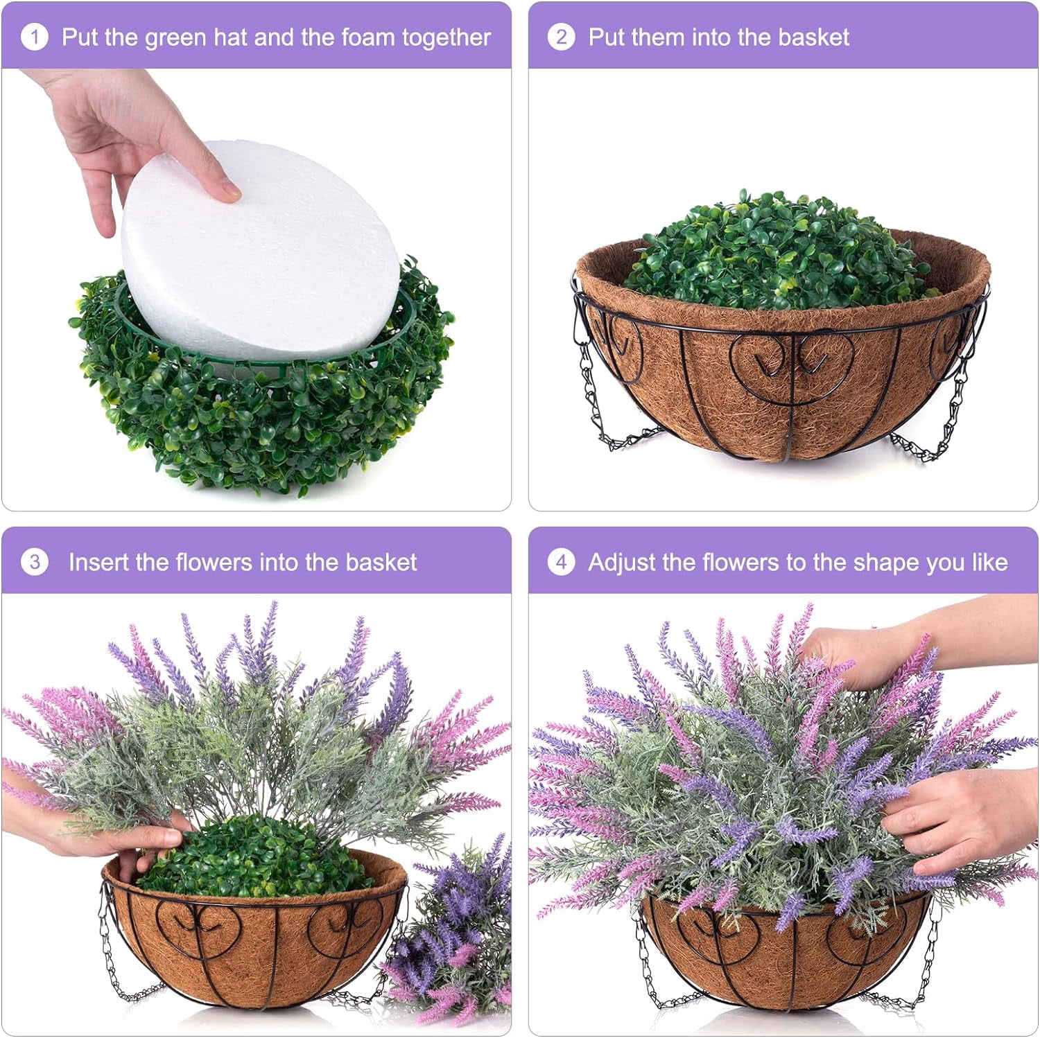 Artificial Fake Hanging Flowers Plants Basket for Outdoor Spring Decor, Faux Lavender in Pot Planter Realistic UV Resistant for Home Outside Patio Porch Balcony Yard