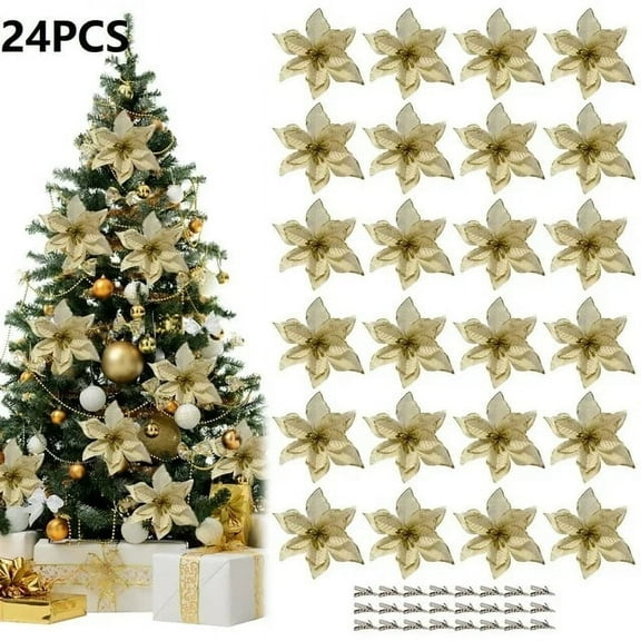 24PCS 5.91" Wreaths Decor, Peaoy Glitter Artificial Flowers Wedding Christmas Flowers Xmas Tree Ornaments Party Home Accessories Supplies Decorations