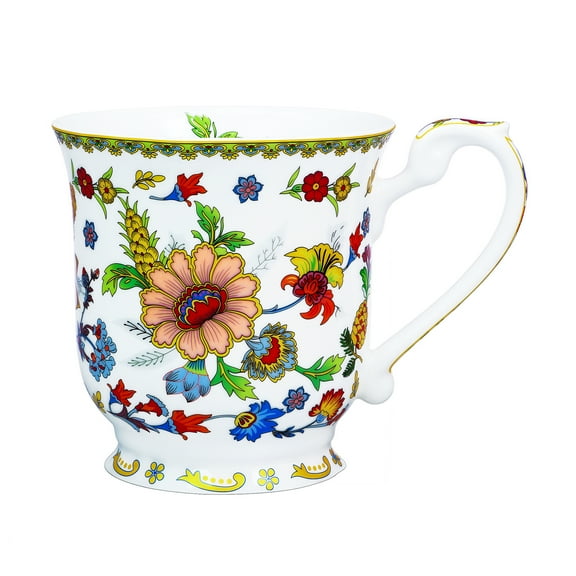 LanHong Bone China Coffee Mug with Floral Pattern - 11.8oz Elegant Flower Design Tea Coffee Cup - Perfect for Tea, Cocoa, Hot Beverages -Birthday Christmas Gift for Women Men