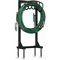 Garden Hose Holder with 4 Spikes & 2 Tool Hooks, Freestanding Water Hose Stand Heavy Duty 2 Hooks Metal Garden Hose Storage Hose Reel Rack for Outside