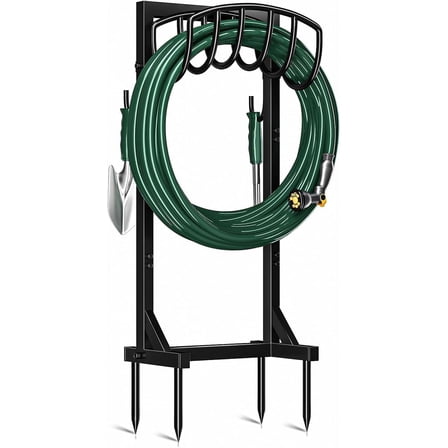 Garden Hose Holder with 4 Spikes & 2 Tool Hooks, Freestanding Water Hose Stand Heavy Duty 2 Hooks Metal Garden Hose Storage Hose Reel Rack for Outside