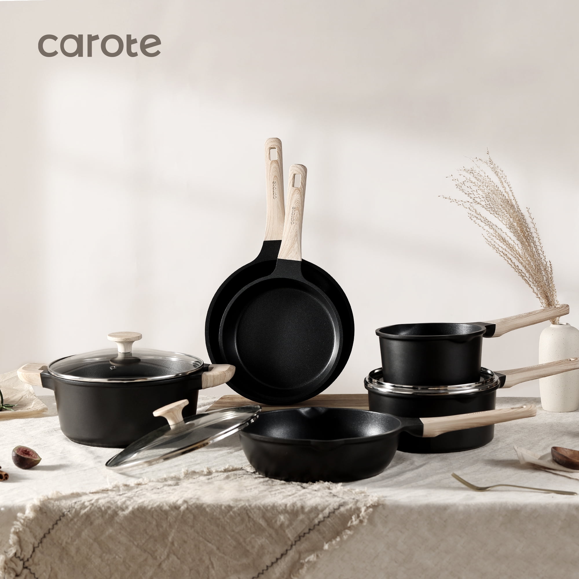 Carote Nonstick Cookware Set 10-Piece,Kitchen Pots and Pans Set,Stay-Cool Handles,Induction Compatible,Cookware Set for RV and Camping,Black