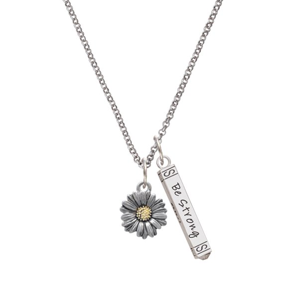 Delight Jewelry Two-tone Daisy Flower Silvertone Be Strong and Courageous Bar Charm Necklace, 23"