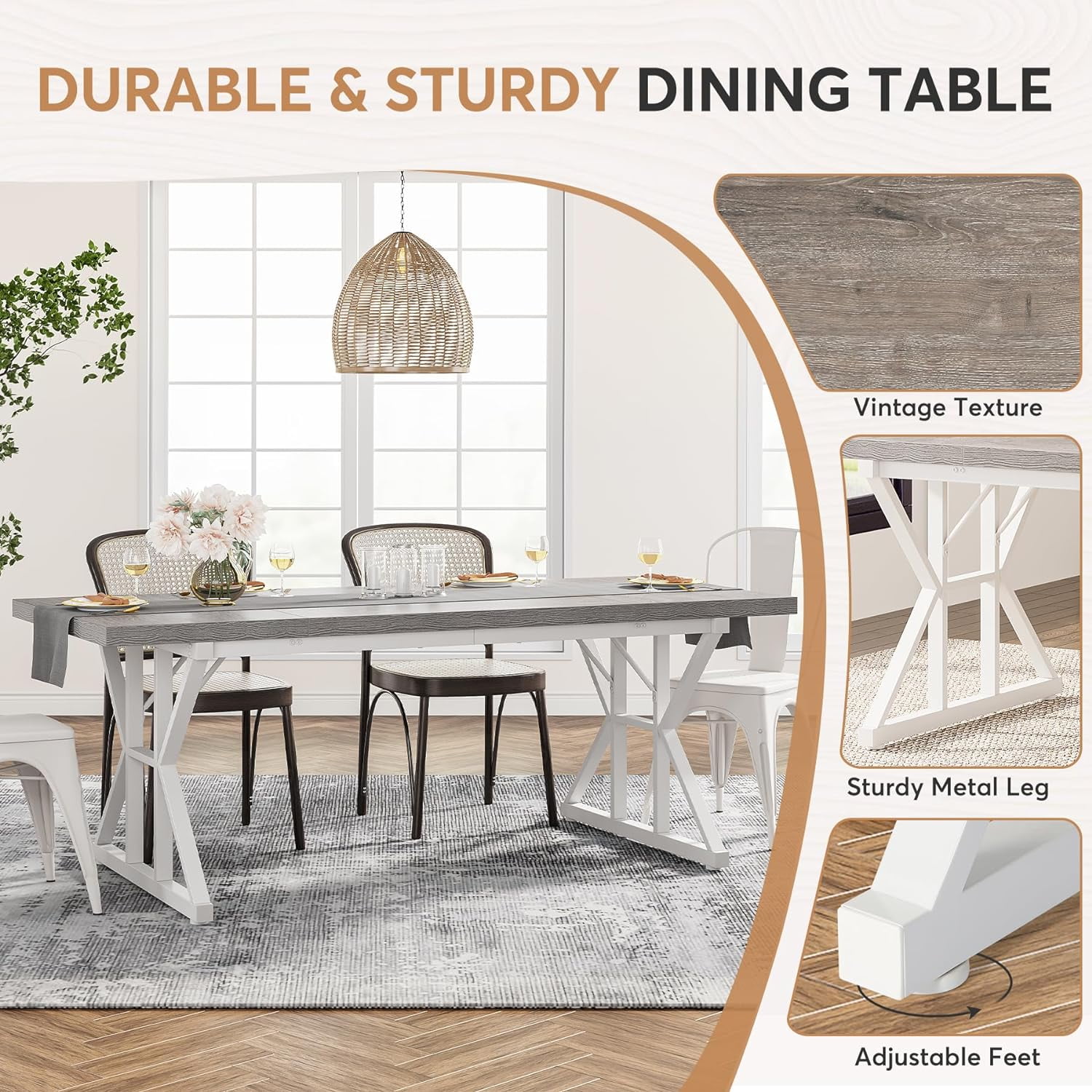 Finmind Farmhouse Dining Table for 6, 71" Rectangular Wood Kitchen Table for Dining Room, Kitchen(Grey/White)