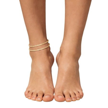 Krdevn Gold Plated Triple Layer Beaded Chain Ankle Bracelet Tiny CZ Charm Adjustable Extension Lobster Clasp Women Daily Beach Anklet Jewelry