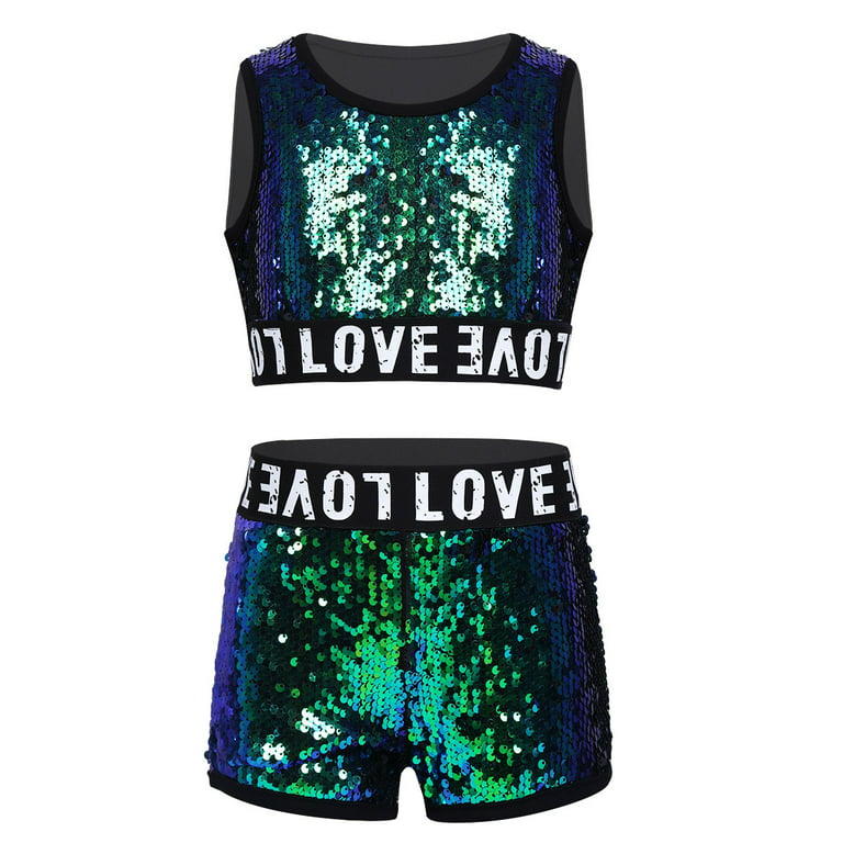 DPOIS Girls Kids Jazz Hip Hop Dancewear Shiny Sequins Crop Top Shorts Set  Black 8