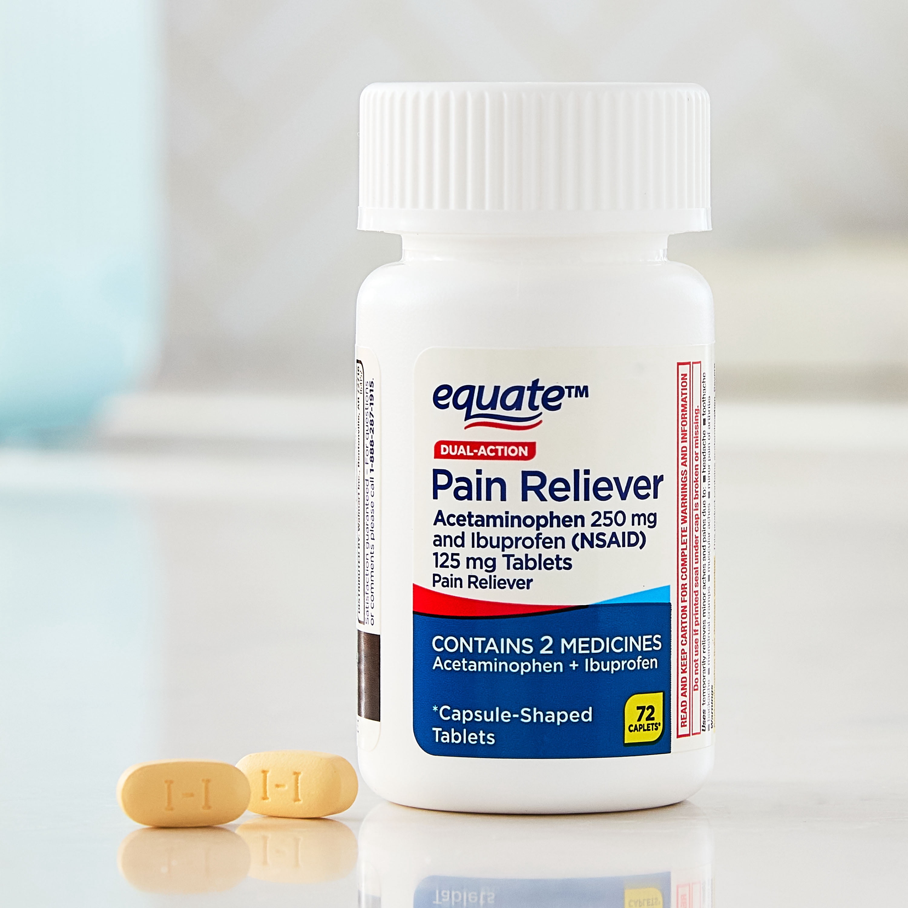 Equate Gluten-Free Acetaminophen Ibuprofen (Nsaid) Tablets for Body Aches & Pains with® Pain Reliever Caplets, 250 mg, 125 mg