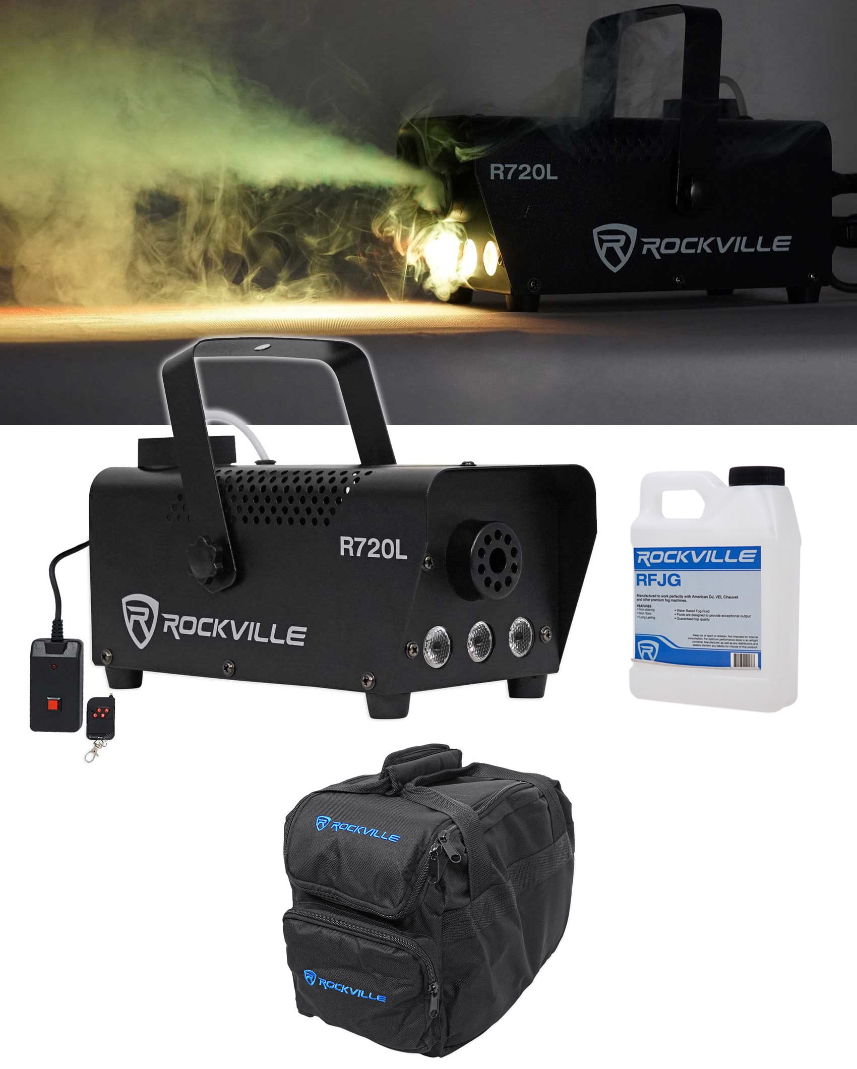 Rockville R720L Fog/Smoke Machine w/Remote+Fluid+Multi Color LEDs+Carry Bag 
