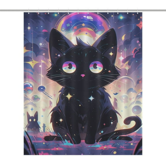 Cute Planet Cat Shower Curtain Cloth Fabric Bathroom Decor with Hooks