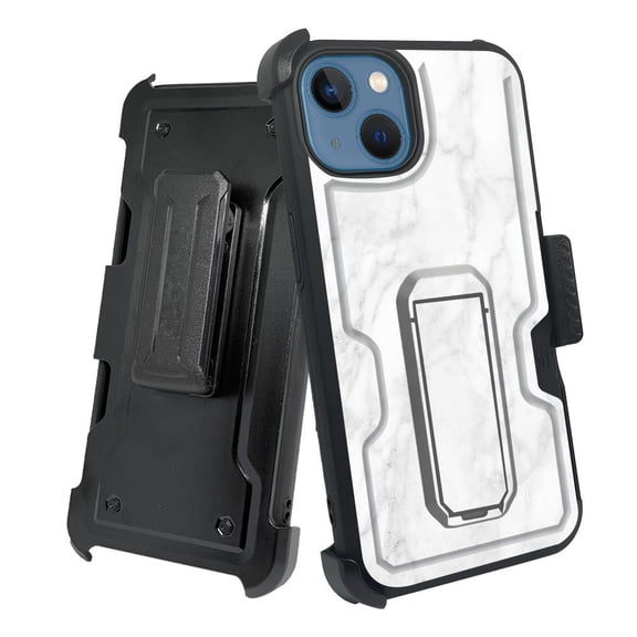 ANJ  Rugged Shockproof Holster Case w/Card Slot, Kickstand   Tempered Glass for iPhone 13 (6.1") - White Marble Pattern