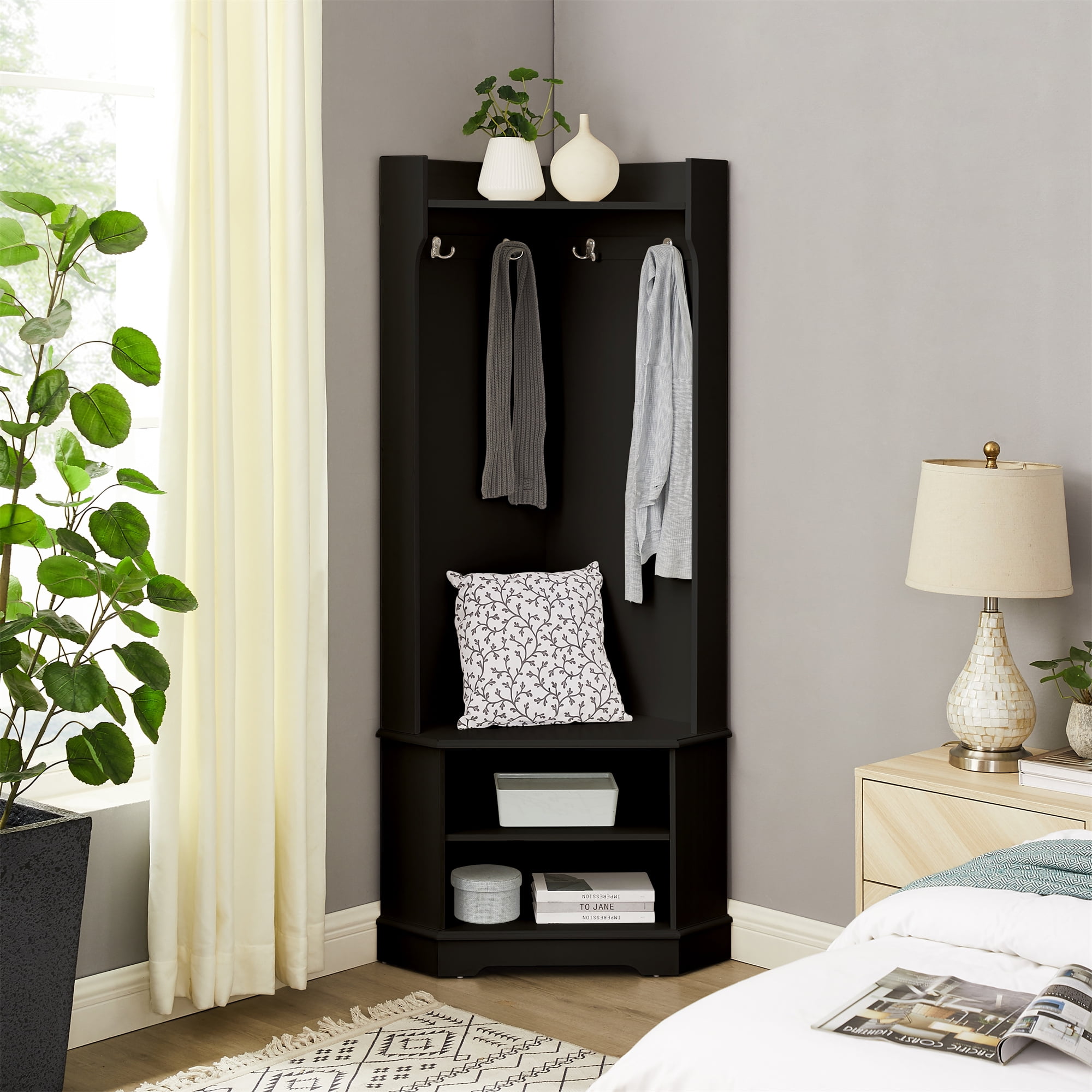 Cfowner Entryway Corner Hall Tree with Storage Shelves and Coat Racks