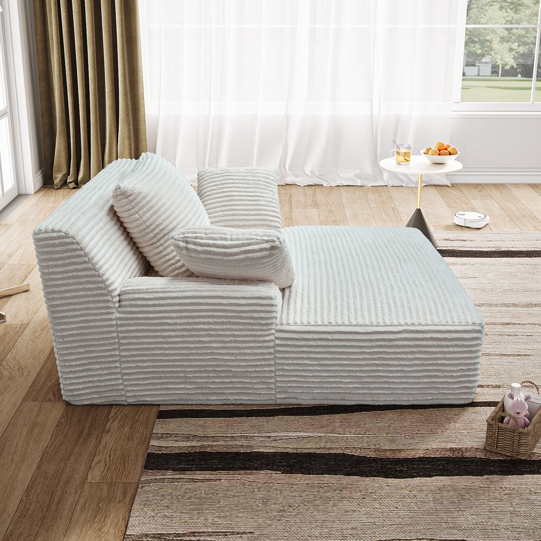 Noble House Salem 51" Oversized Chaise Lounge Chair, Plush Corduroy Sleeper Couch, Reading Chair for Living Room, White