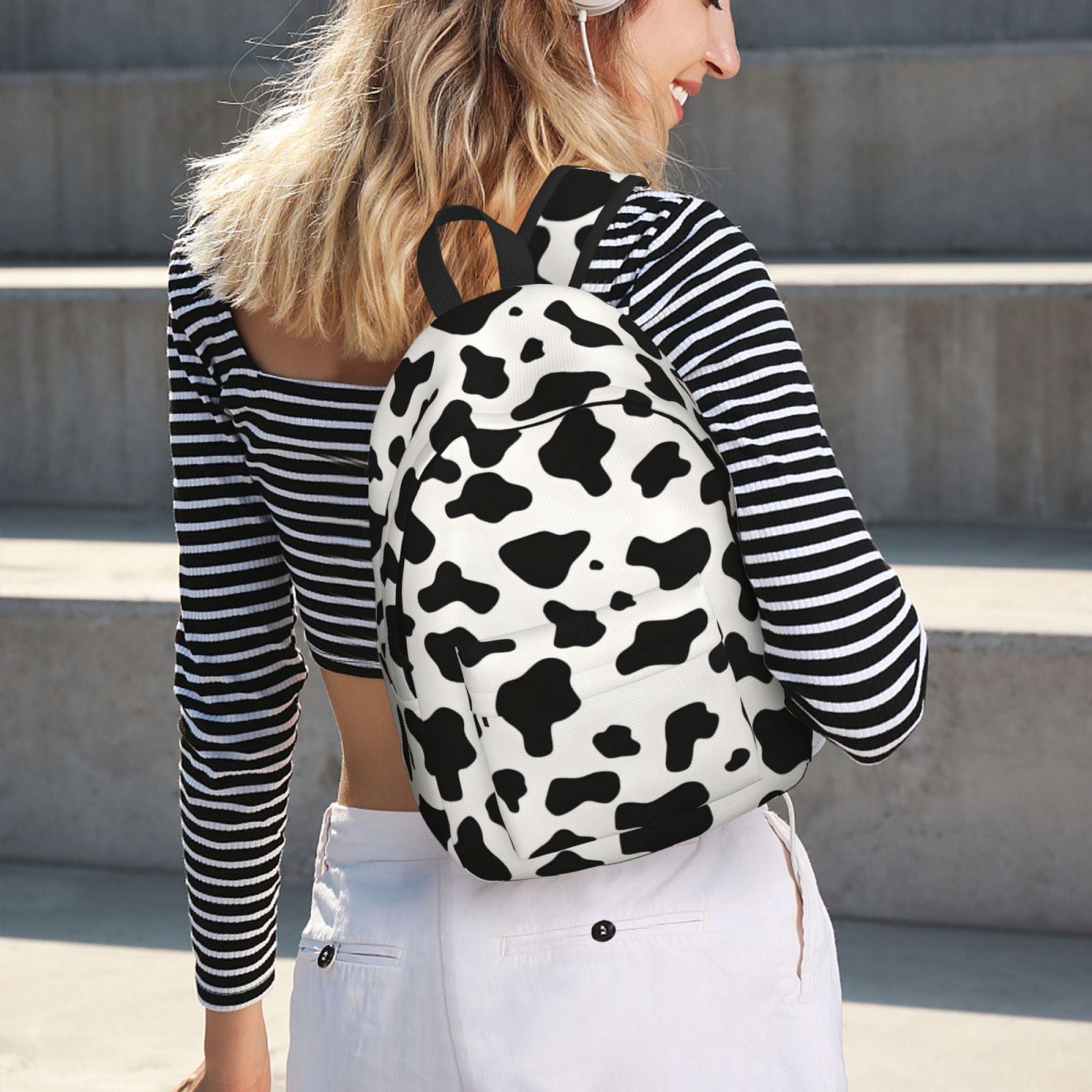 Casual Canvas Backpack Without Interlayer Large Capacity Stick Bag Design For Outdoor Shopping Office Outdoor Sports Simple Cow Print Pattern, Vector Art Style_1 Small