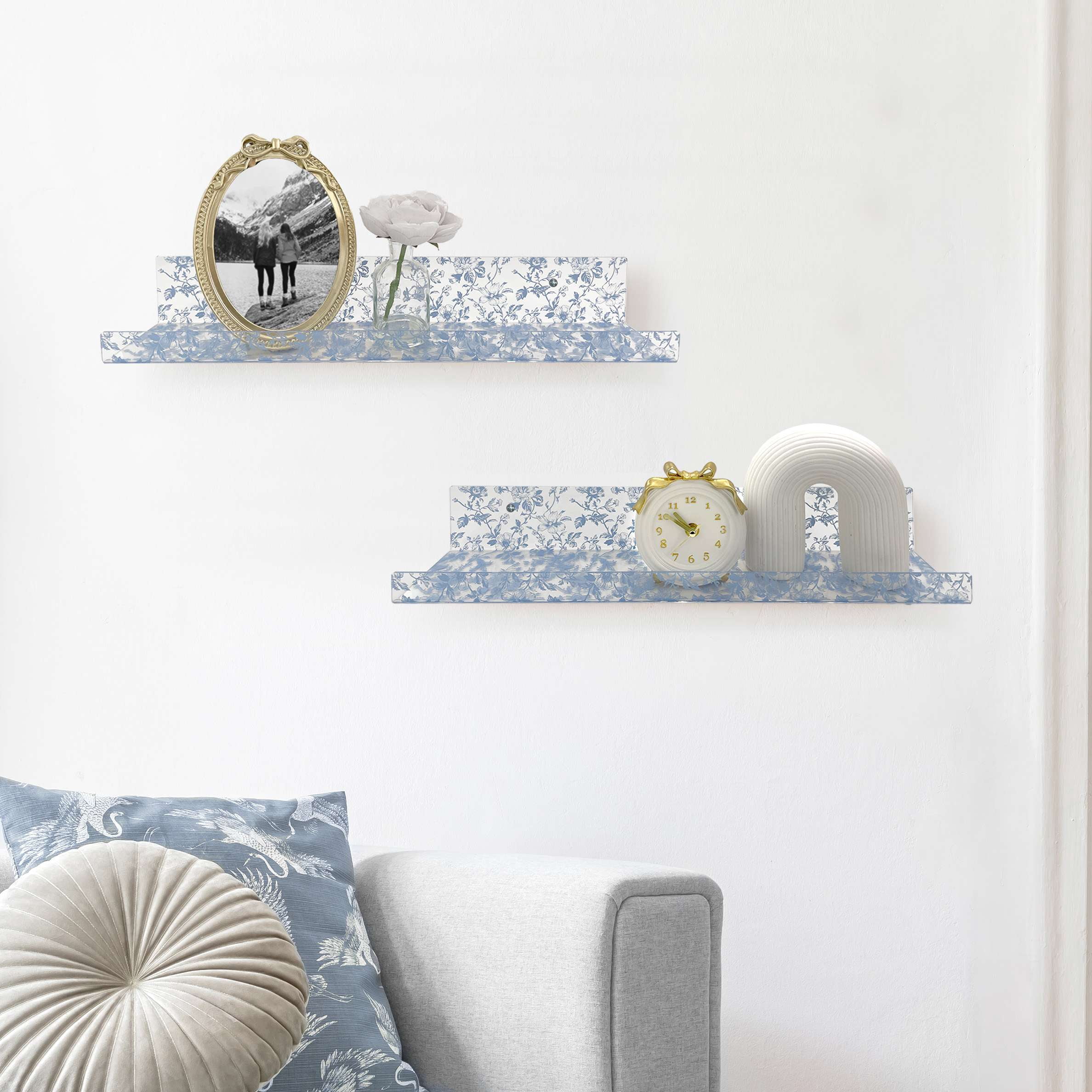 OneDesign Home Blue Toile 20" Acrylic Floating Wall Shelves, Set of 2
