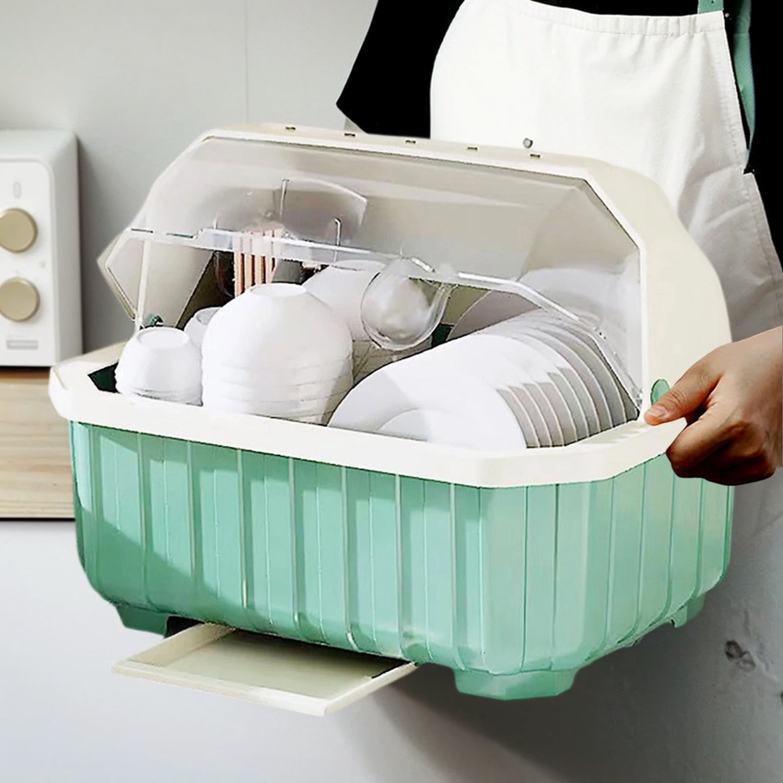 Dish Drying Rack with Lid Kitchen Drainer for Plates, Cups, Bowls Cutlery Covered Dish Rack Organizer for Countertop,Cabinet,Home Hotel Use Durable Tableware Dryer Tray(15.55*11.42*11.81Inch)