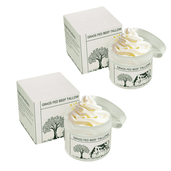 2PCS Beef Tallow, Beef Tallow for Skin, Tallow Face Moisturizer, 100% Unscented Organic Grass Fed Finished Whipped Tallow Face Cream Moisturizer Balm, Beef Tallow Skin Care for Sensitive Skin