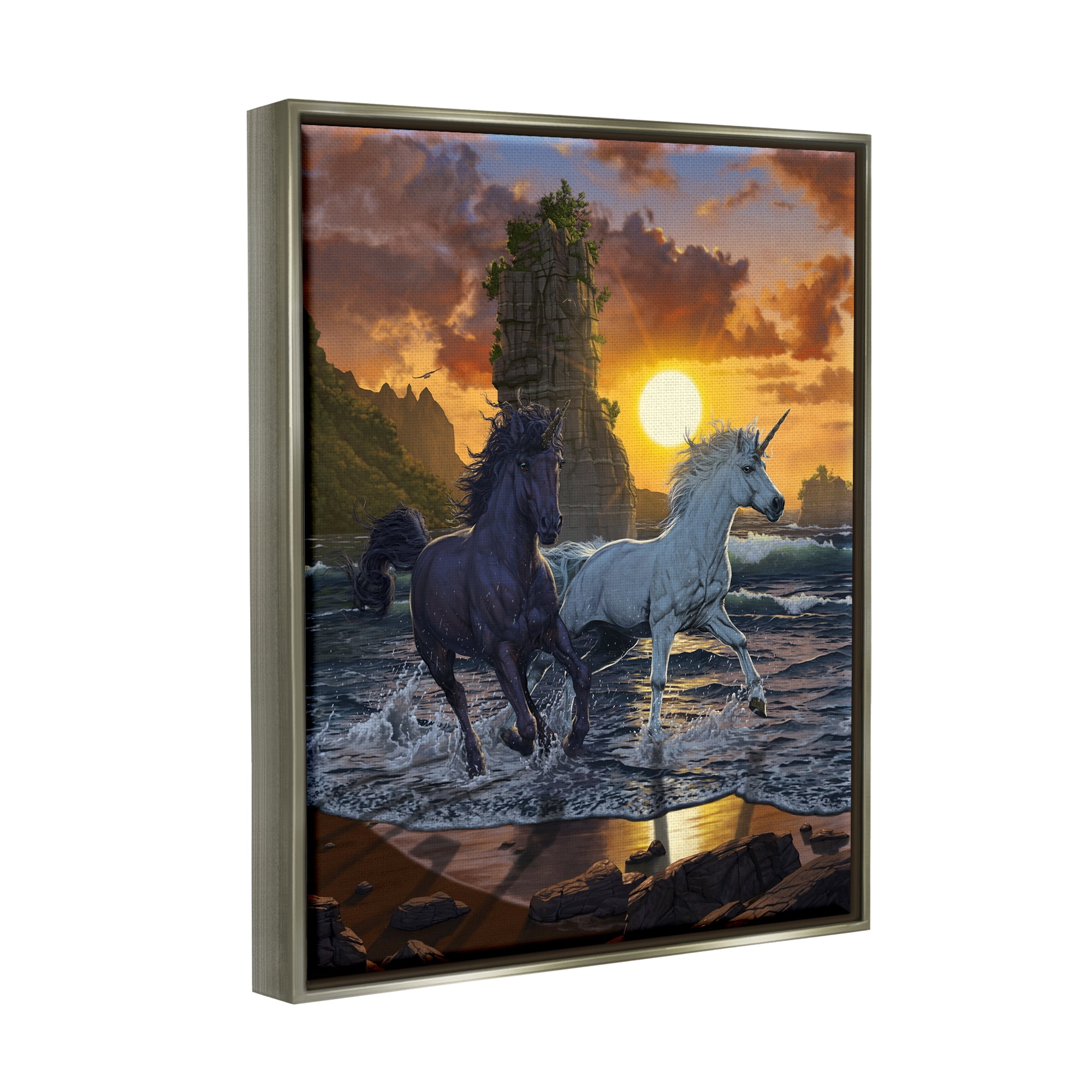 Stupell Industries Unicorns in Sunset Fairy Tales & Fantasy Painting Gray Floater Framed Canvas Art Print Wall Art, 17 x 21