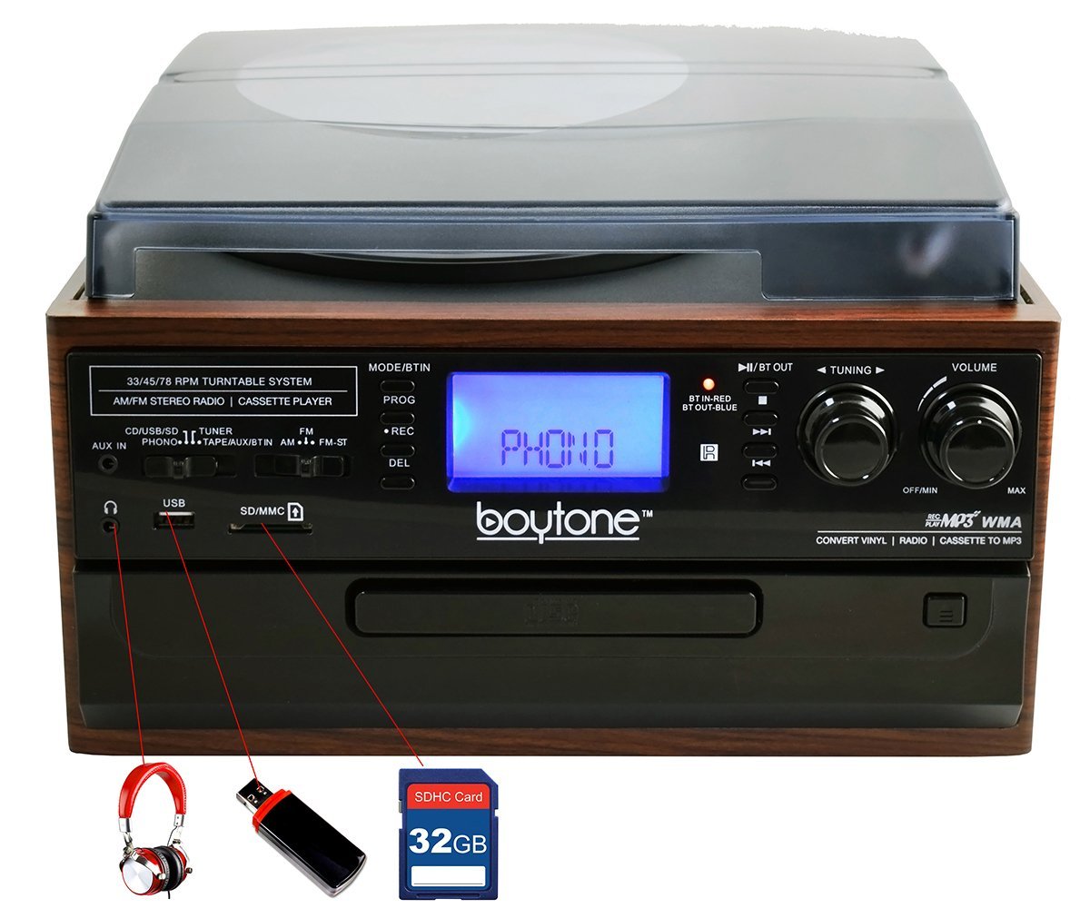 Boytone BT-22MS, Bluetooth Record Player Turntable, AM FM Radio, Cassette, CD  Player, Built in Speaker, Ability to Convert Vinyl, Radio, C 通販 