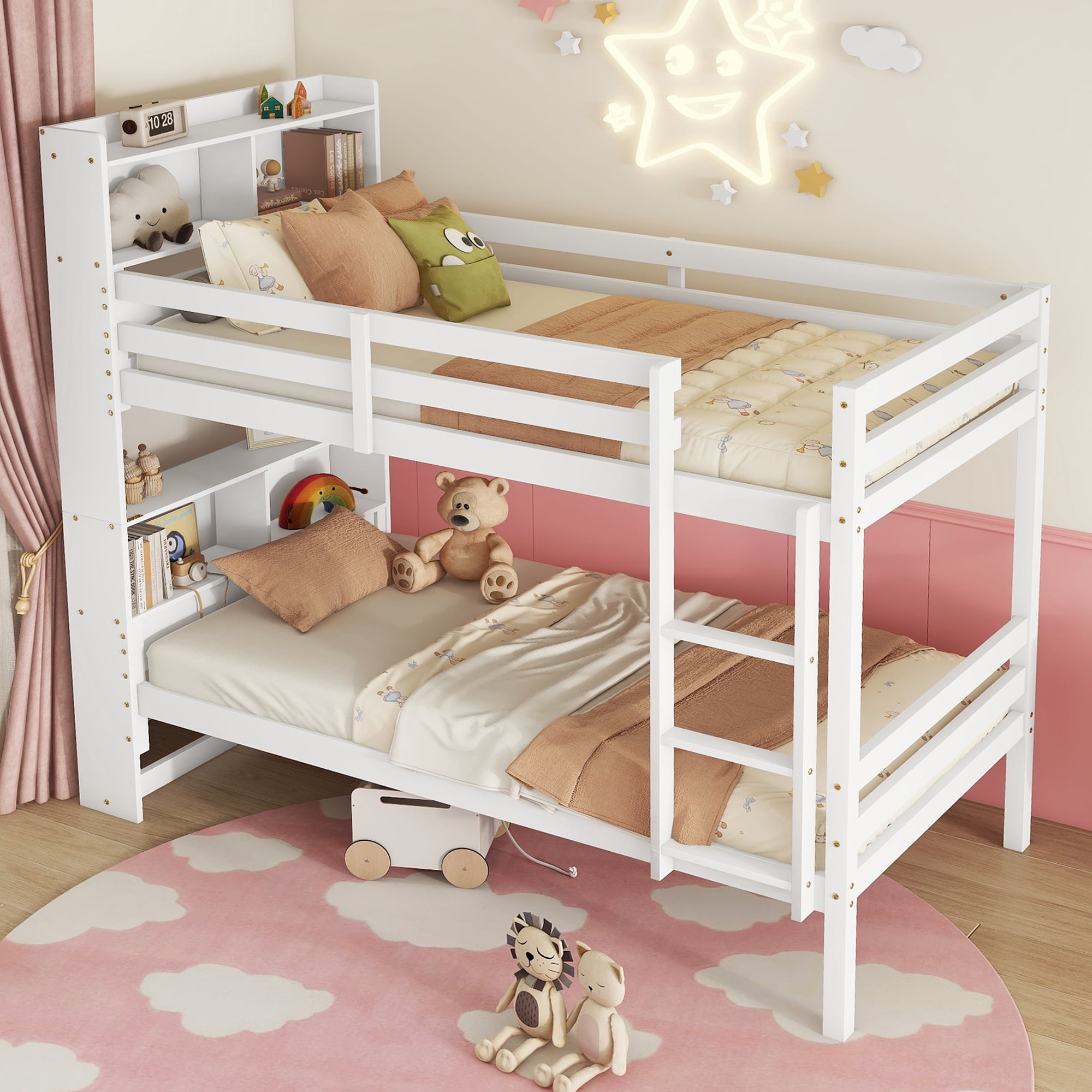 Leumius Twin Over Twin Bunk Bed with Shelves , Rubber Wood Bed with Shelves Headboard, Safety Guardrails and Ladder, Convertible to 2 Beds for Boys Girls White