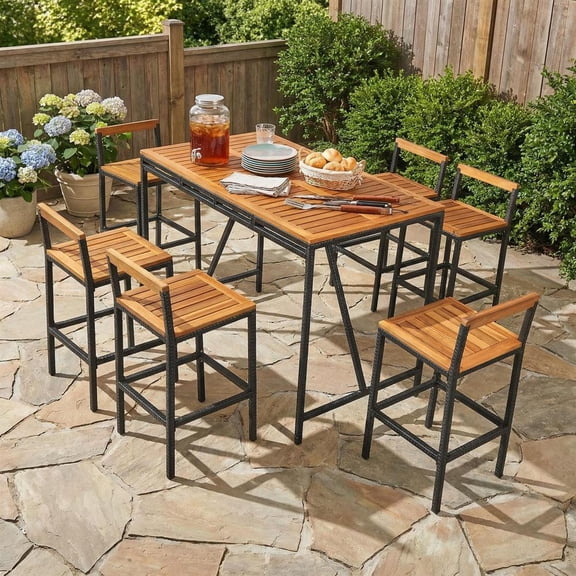 Topcobe 7 Pieces Acacia Wood Patio Rattan Bar Set with Umbrella Hole, Outdoor Patio Furniture for Balcony Garden Backyard