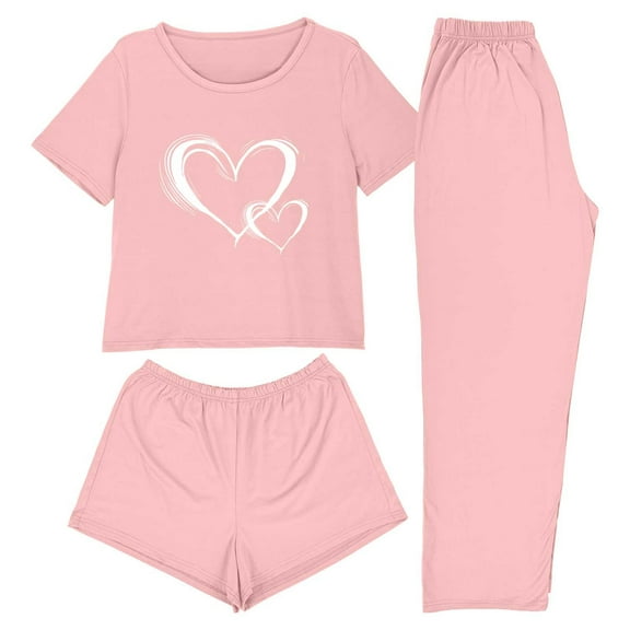 asdoklhq Womens Christmas Pajamas 3PCS Women's Home Casual Pants Short Sleeves Tops and Shorts Pajamas Set Pink XL