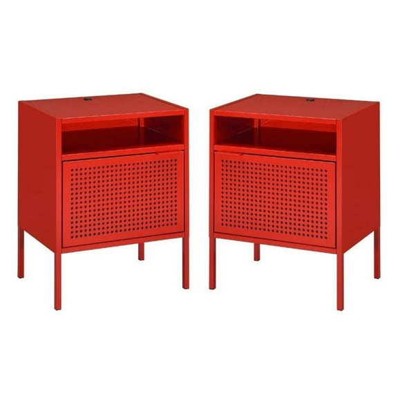 Home Square 2 Piece Metal Nightstand Set with USB Port in Red