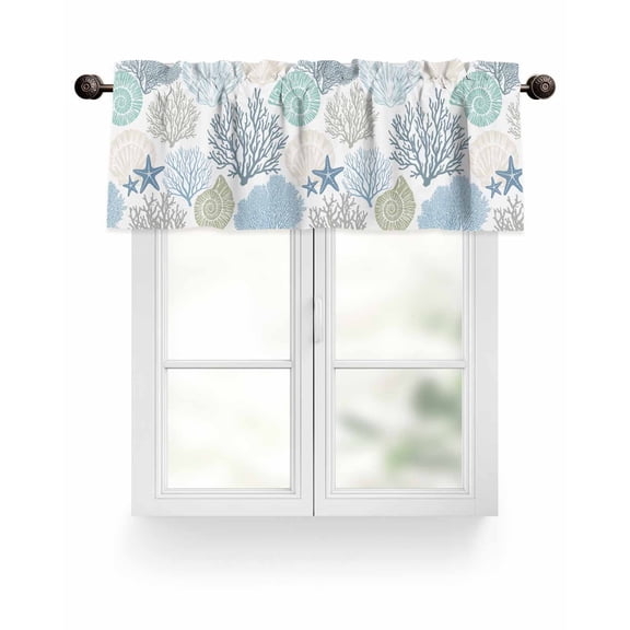 Blue Coastal Ocean Kitchen Valances for Windows Shell Coral Starfish Valance Curtains for Kitchen /Living Room/Bedroom/ Bathroom Decor, 42"x12 " ,Rod Pocket 1 Panel, White