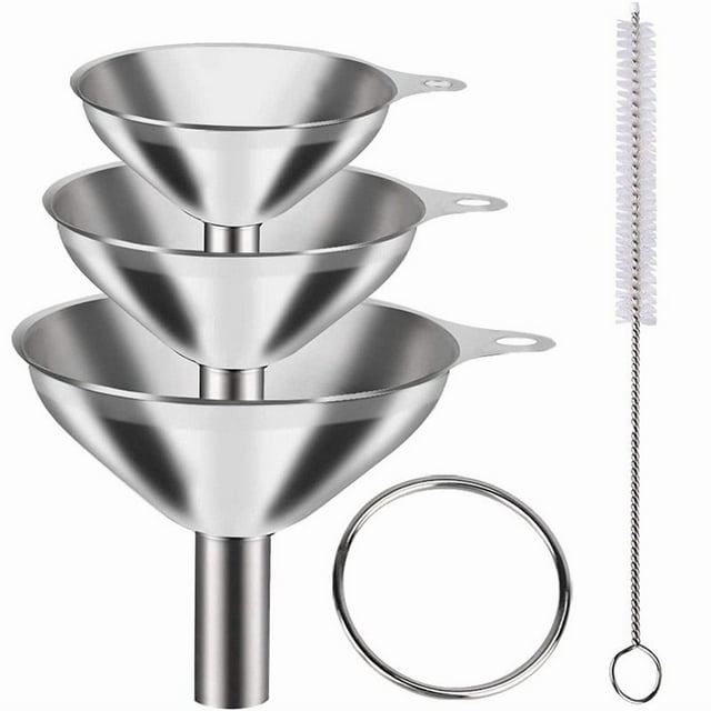 3-piece set Silvery Stainless Steel Funnel,Kitchen Funnel with 2Pcs Cleaning Brush, Perfect of Dry Ingredients & Powder