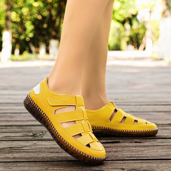 Willtoo Women'S Casual Leather Flat Sandals Comfortable Round Toe Closed Toe Non-Slip Oxford Sole Breathable Beach Orthopedic Sandals