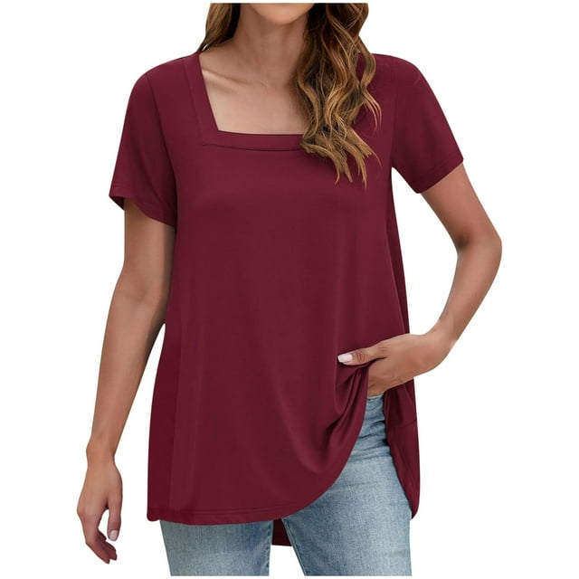 Plebaso Womens Square Neck Tops 2025 Short Sleeve Casual Loose T Shirts Solid Color Summer Flowy Blouses