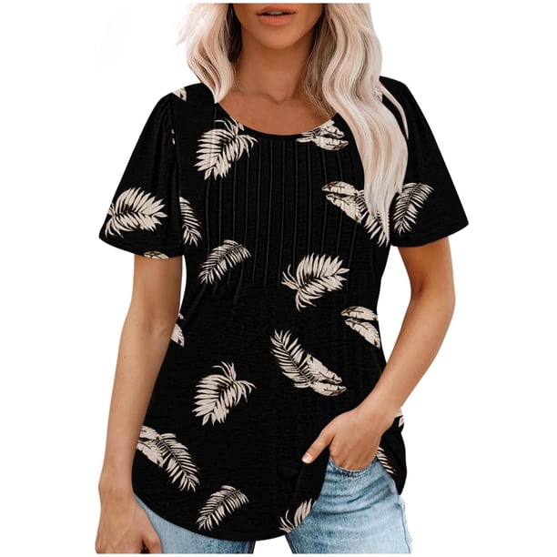 Fiudx Liquidación de Ahorros de Verano Top Estampado con Cuello Redondo y Manga Corta Informal para Mujer a La Moda
