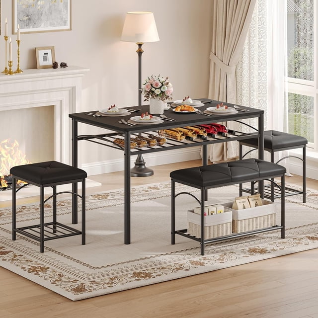 4 Pcs Dining Table Set for 4 with Upholstered Bench and 2 Stools Space-Saving Kitchen Table Set with Storage Shelves for Apartments Studios and Small Spaces