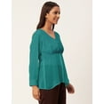thumbnail image 2 of Moomaya Solid Cinched Waist Top, V-Neck Front Slit Buttoned Georgette Top, 2 of 8