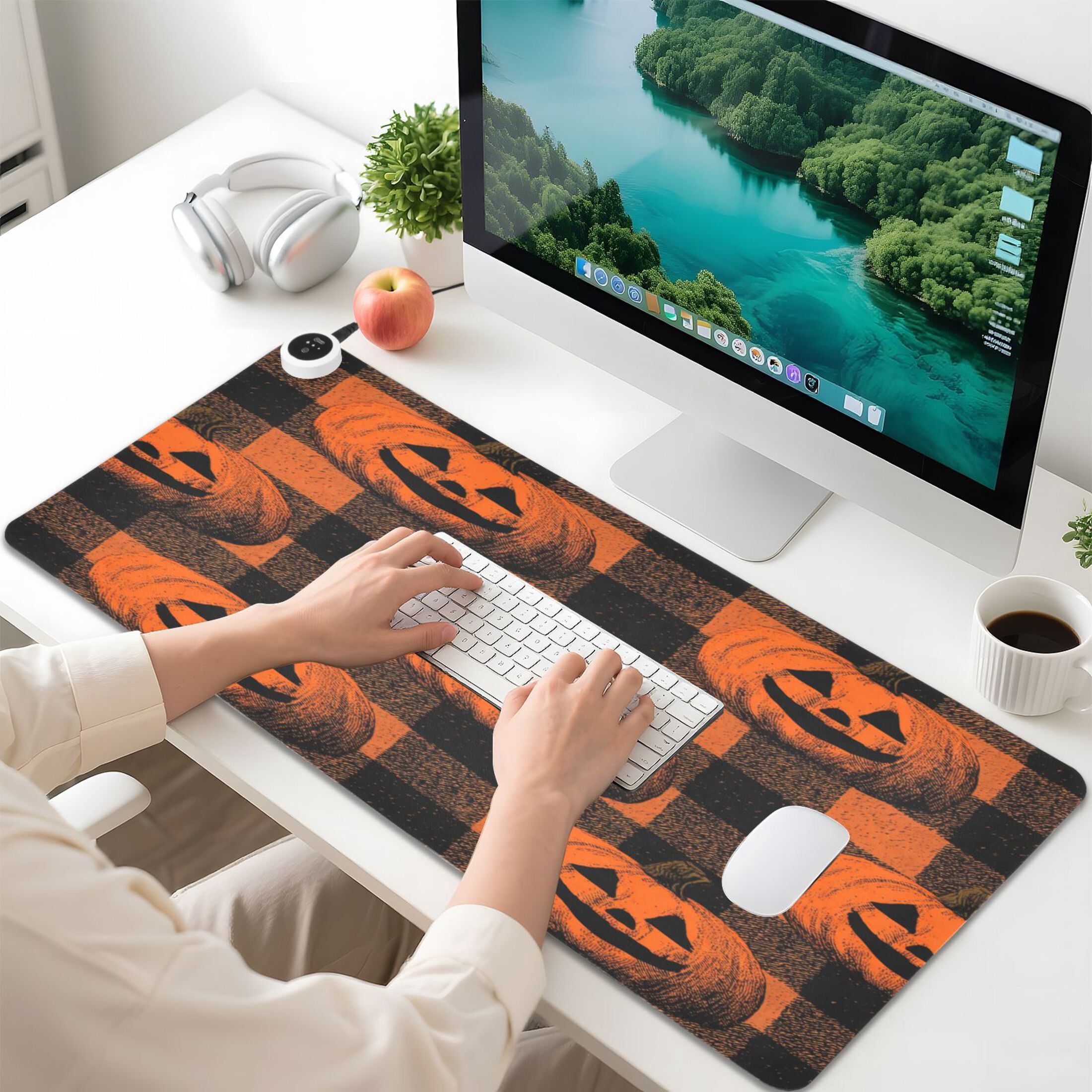 Large Heated Desk Mat Mouse Pad 31.5"x13"PU Leather Graphene Heating Desk Warmer with 3 Temperature Settings 110V US Plug Non-Slip Warm Pad for Home, Office, and Gaming Orange Striped Smiley Pumpkins