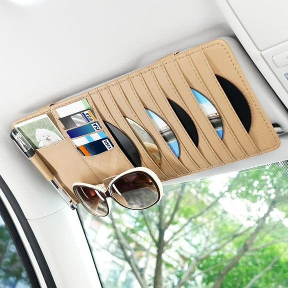 Chasenew Sun Visor CD Case Holder for Car - Multi-Function Visor Organizer with CD/DVD Storage, Eyeglass Clip, Card Slots & Pen Holder, Durable Leather Car Accessories (Beige)