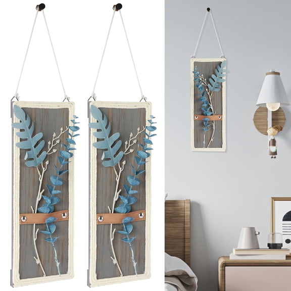 Jokapy 2 Pack Boho Wooden Wall Hanging with Artificial Eucalyptus, Farmhouse Wall Art Decor, Gray