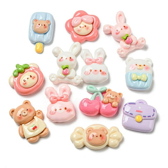 100pcs Opaque Resin Decoden Cabochons for Jewelry Making Cherry/Rabbit/Candy Mixed Shapes 15~28x15~31x7~9mm