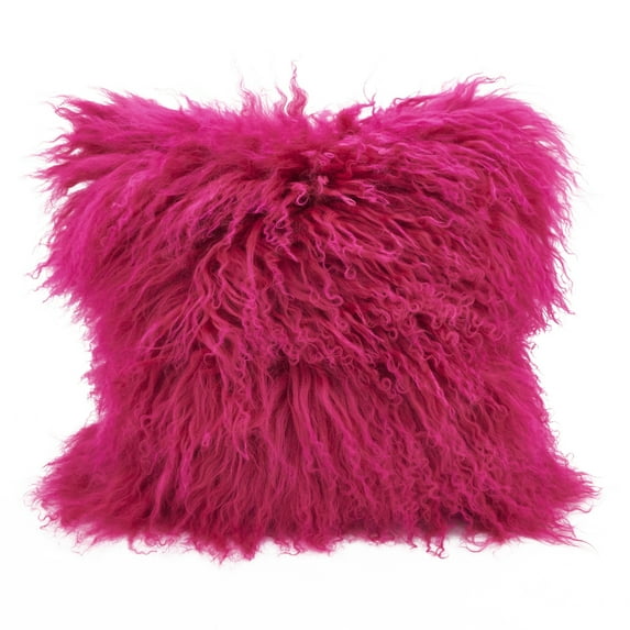 Fuchsia Color Genuine Mongolian Real Lamb Fur Decorative Throw Pillow - Polyester Filled, 16" Square