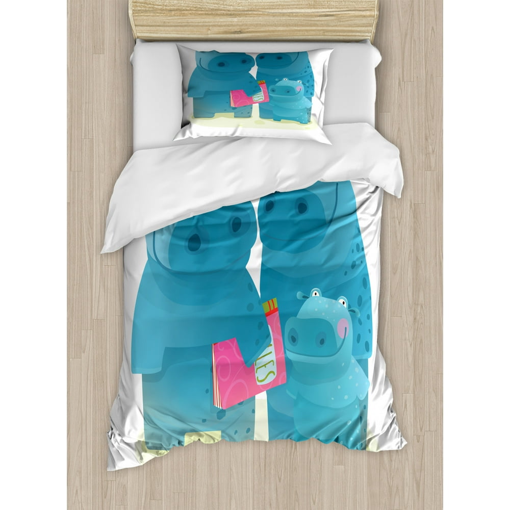 Hippo Twin Size Duvet Cover Set, Graphic Happy Hippo Family with Father