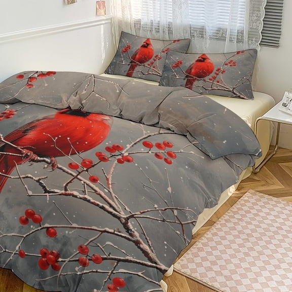 3 Pcs Soft Bedding Set, Includes 1 Duvet Cover with Zipper And 2 Pillow,Shams Red Bird Northern Cardinal Twin(86"x70")