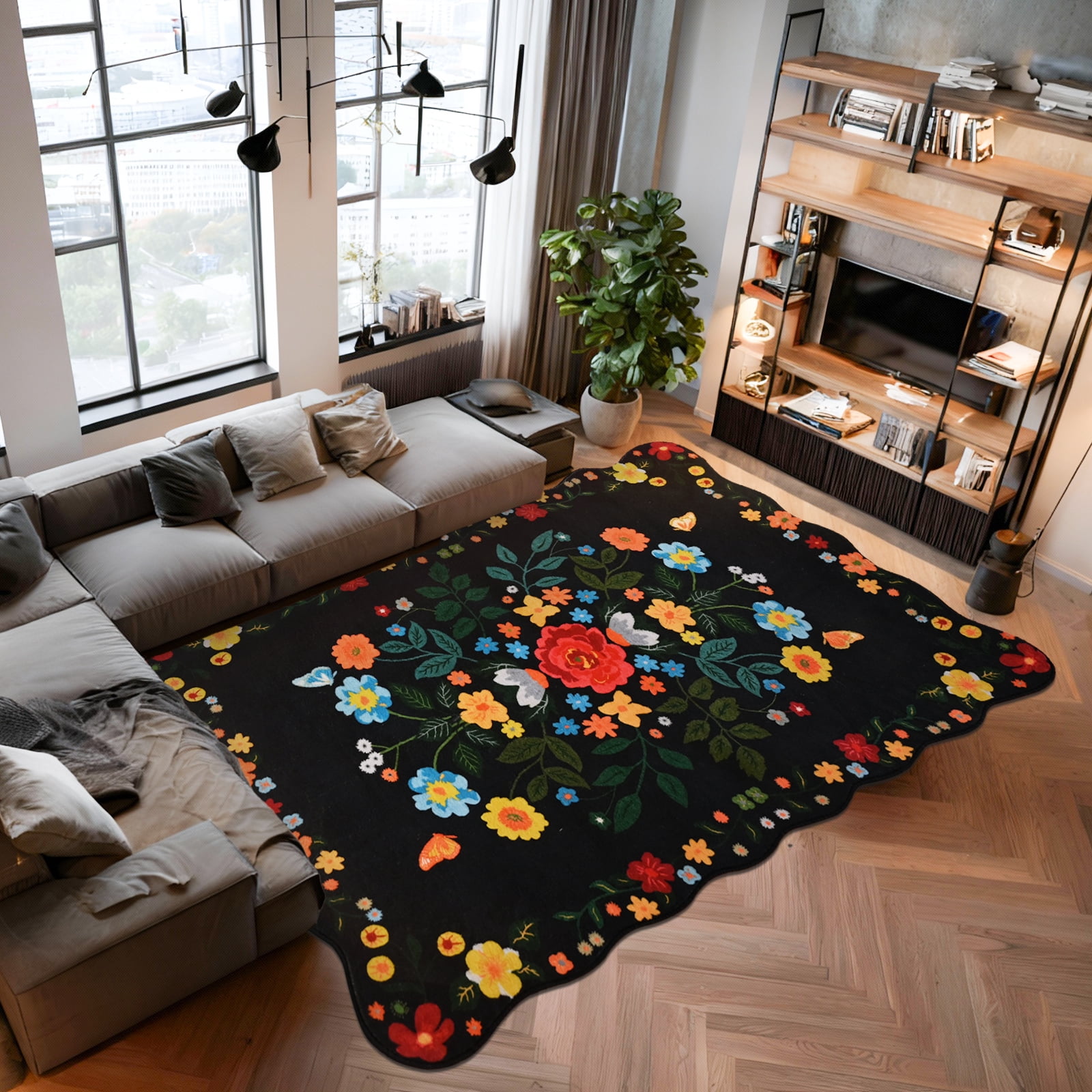 Pentantan Floral Area Rugs 6'x9', Machine Washable Rug for Living Room Non-Slip Vintage Soft Indoor Carpet for Bedroom, Dining Room, Playroom, Office, Black